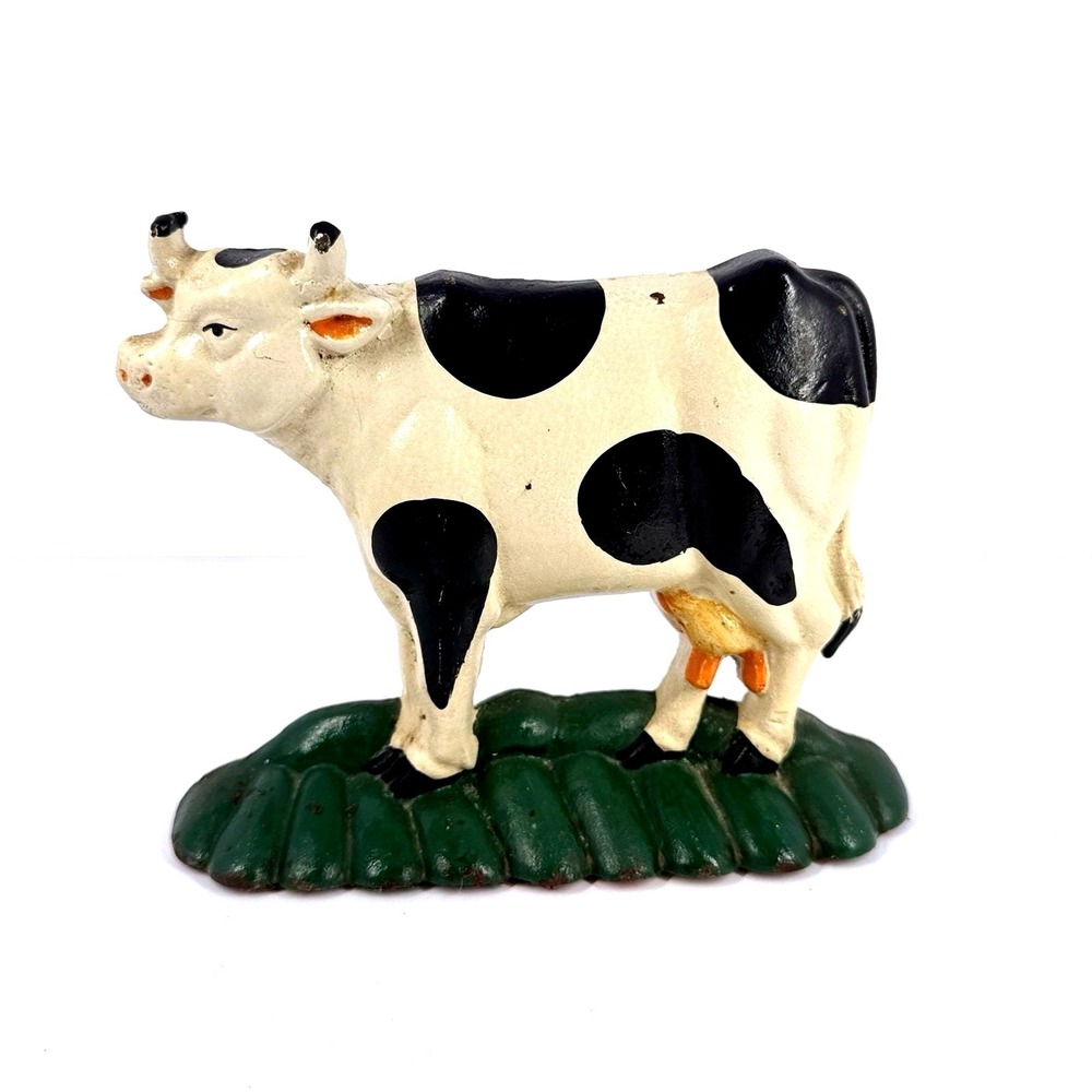 Painted‎ Black White Cow Figurine Green Base Farmhouse Country Decor